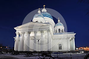 Night view of the Troitsky Cathedral in St. Petersburg