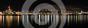 Night view of Tromso Bridge with lights in the city of Tromso in