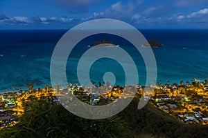 Night View of Turquiose Pacific Ocean Mokulua Islands