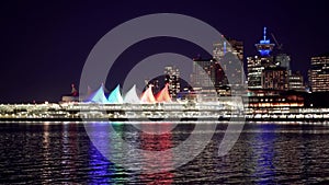 Night view of Vancouver Harbour marina skyline. British Columbia, Canada.