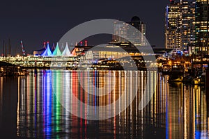 Night view of Vancouver Harbour marina skyline. British Columbia, Canada.