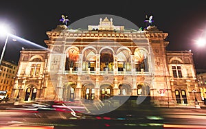 Night view of Vienna State Opera building facade exterior, Austria