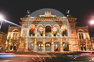 Night view of Vienna State Opera building facade exterior, Austria