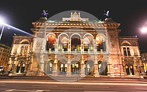 Night view of Vienna State Opera building facade exterior, Austria