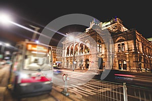 Night view of Vienna State Opera building facade exterior, Austria