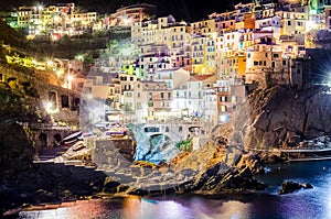 Night view of village Manarola in Cinque Terre