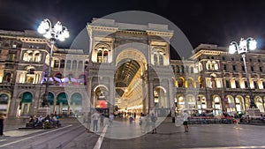 Night view of Vittorio Emanuele II Gallery timelapse in Milan, Italy