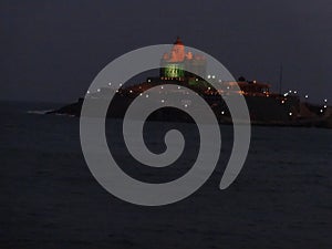 Night view of the Vivekananda Rock Memorial in Kanyakumari