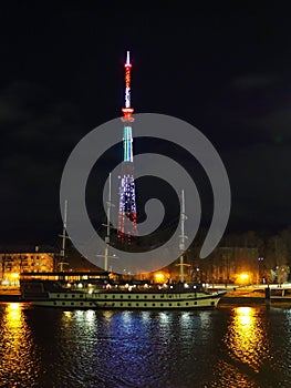 Night view of the Volkhov River, the TV tower and the frigate \