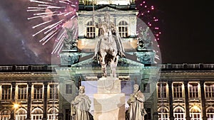 Night view of Wenceslas Square and holiday fireworks in the New Town of Prague, Czech Republic