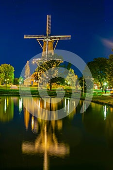 Night view of windmill de Valk in Leiden, Netherlands