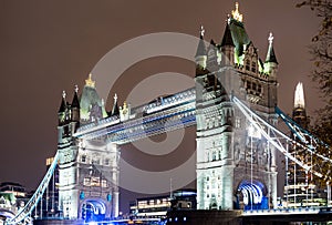 Night view of world famous Tower Bridge in London capital city of United Kingdom - Architecture and travel concept with majestic