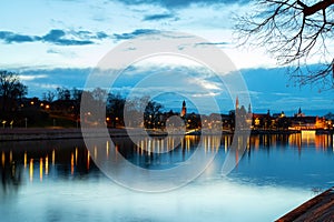 Night View on Wroclaw Old Town. Island and Cathedral of St John on river Odra, find recreation zone on the river bank