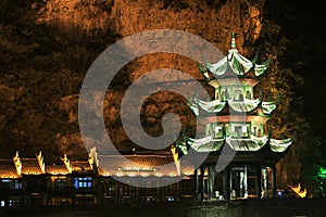 Landmark, night, tourist, attraction, lighting, pagoda, darkness, tree, chinese, architecture, sky, temple, shrine, metropolis, wo