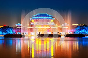 Night view of Ziyun Tower in Datang Furong Garden, Xi`an, China