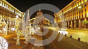 Night views of downtown Sofia with Christmas decorations. Bulgaria