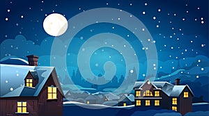 night village houses with full moon in dark sky new year celebration template horizontal copy space