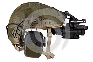 Night vision goggles on military helmet