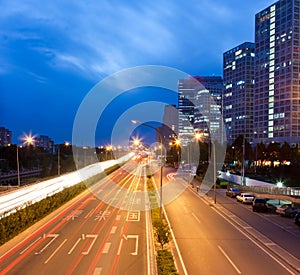 Night viwe of Beijing CBD with traffic light