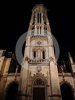 Bell tower of Saint-Germain-l`Auxerrois Church in Paris