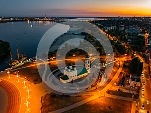 Night Voronezh, aerial view. Admiralteiskaya square, Assumption Admiralty Church and monument of first Russian ship