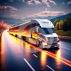 Night Voyager: Autonomic Futuristic Euro Semi-Truck with Cargo Trailer Gliding on the Road (3D Render