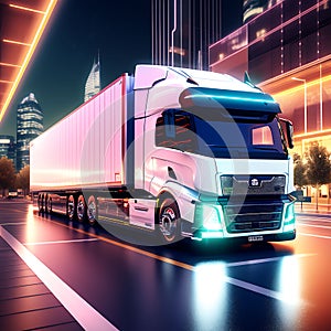 Night Voyager: Autonomic Futuristic Euro Semi-Truck with Cargo Trailer Gliding on the Road (3D Render