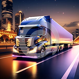 Night Voyager: Autonomic Futuristic Euro Semi-Truck with Cargo Trailer Gliding on the Road (3D Render photo