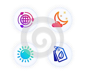 Night weather, Sunny weather and Eco energy icons set. Bio tags sign. Sleep, Sun, Ecology. Leaf. Nature set. Vector