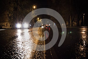 Night wet road in the rain