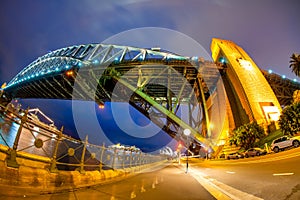 Night wide angle view of Sydney Harbour Bridge, Australia