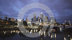 Night wide angle view of yarra river and city of melbourne