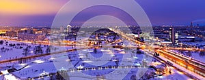 Night winter aerial panorama of Minsk, Belarus