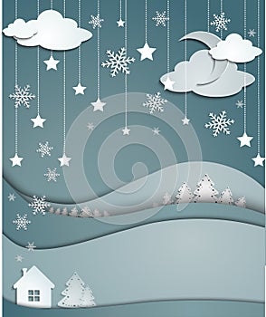 Night winter background of snowflakes trees house stickers