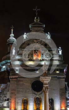 Night winter Bernardine Church and monastery top, Lviv city, Uk