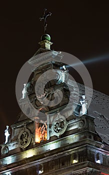 Night winter Bernardine Church and monastery top, Lviv city, Uk