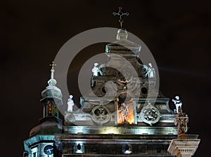 Night winter Bernardine Church and monastery top, Lviv city, Uk