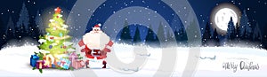 Night Winter Forest Landscape With Glowing Christmas Tree And Santa Claus Horizontal Banner