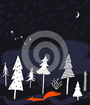Night winter forest landscape with spruces and naked trees, orange fox, starry sky with moon and constellation. Modern