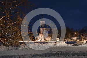 Night winter landscape church in the city of Vologda