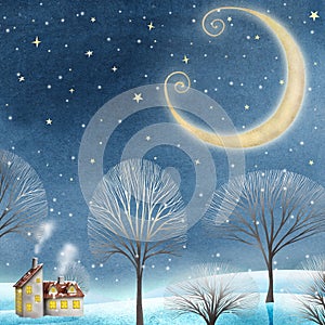 Night winter landscape watercolor illustration Cute house in snow forest Magic crescent starry sky scene Fantasy snowy background