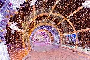 Night winter Moscow in the snow. Tverskaya street decorated for