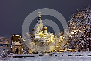 Night winter photo of Russian Church in center of Sofia city
