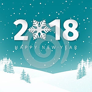 Night winter scene landscape background with snowy field and fir trees. Happy New Year 2018 numbers with snowflake.