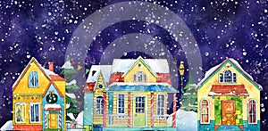 Watercolor Night Winter Street Village City Houses. Hand drawn watercolor illustration.