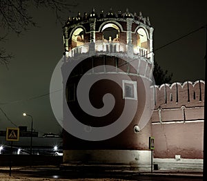 Night winter view to bastion and wall of Donskoy monastery at Moscow, Russia