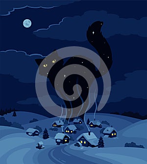 Night winter village. Above the landscape and houses, a huge silhouette of a black cat is seen against the sky
