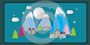 Night winter village houses mountains hills landscape and pine. Banner flat vector illustration