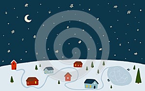 Night winter village landscape background. Cute small Christmas night houses and snowy sky illustration.