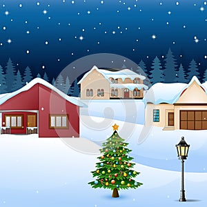 Night winter village landscape with snow covered house and christmas tree